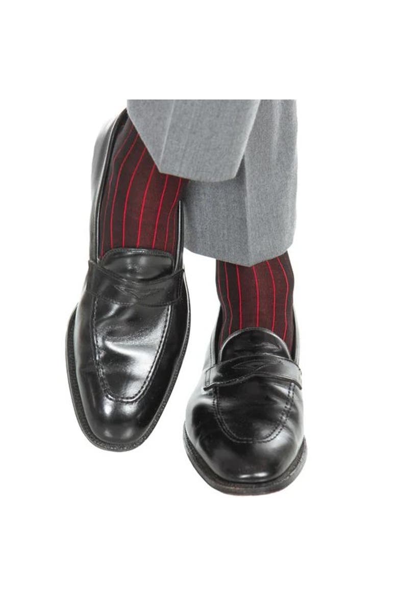 Valentino Vertical Stripe Over the Calf Mercerized Cotton Sock, Alternate, color, Black with Red Stripes