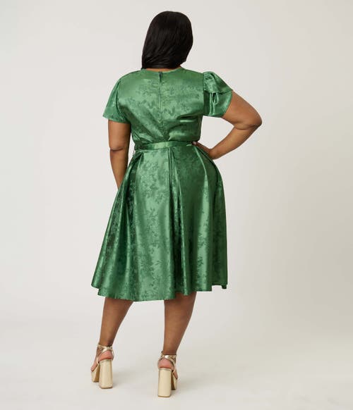 Unique Vintage Plus Size Short Petal Sleeve Tie Neck Dahlia Swing Dress In Green