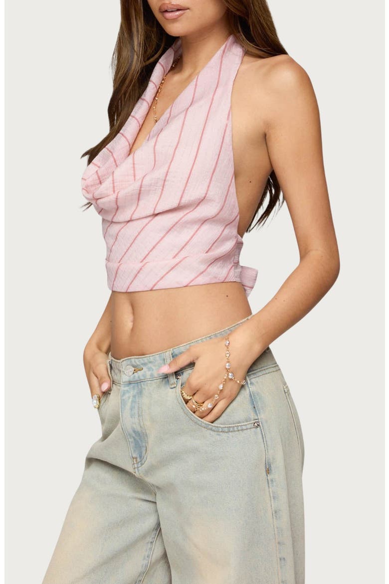 Stripe Cowl Neck Halter Crop Top, Alternate, color, PINK