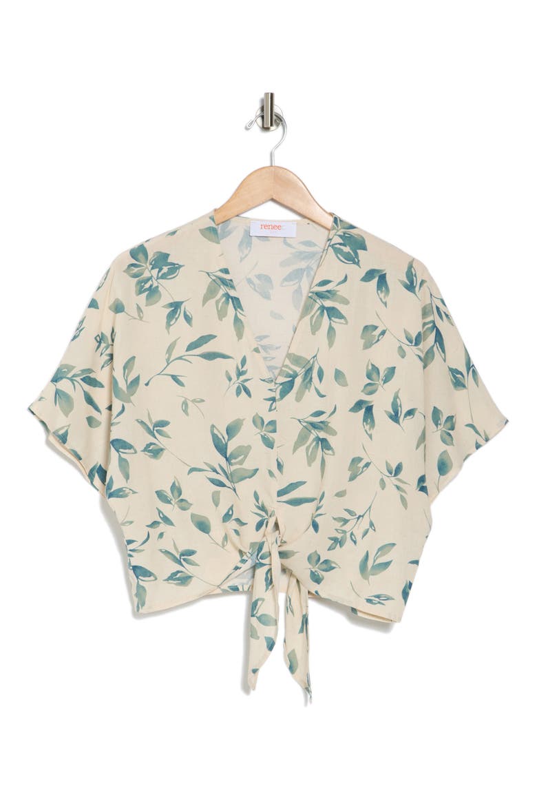 Floral Short Sleeve Tie Front Crop Top, Alternate, color, DENIM