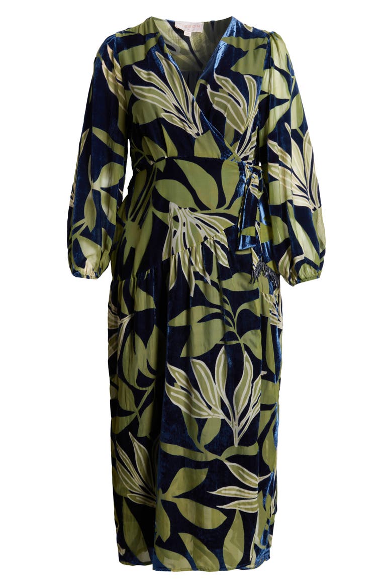 Lilian Long Sleeve Velvet Wrap Maxi Dress, Alternate, color, NAVY/ GREEN