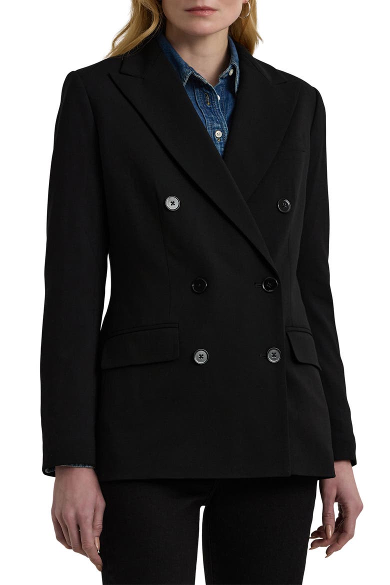 Double Breasted Stretch Wool Crepe Blazer, Main, color, BLACK