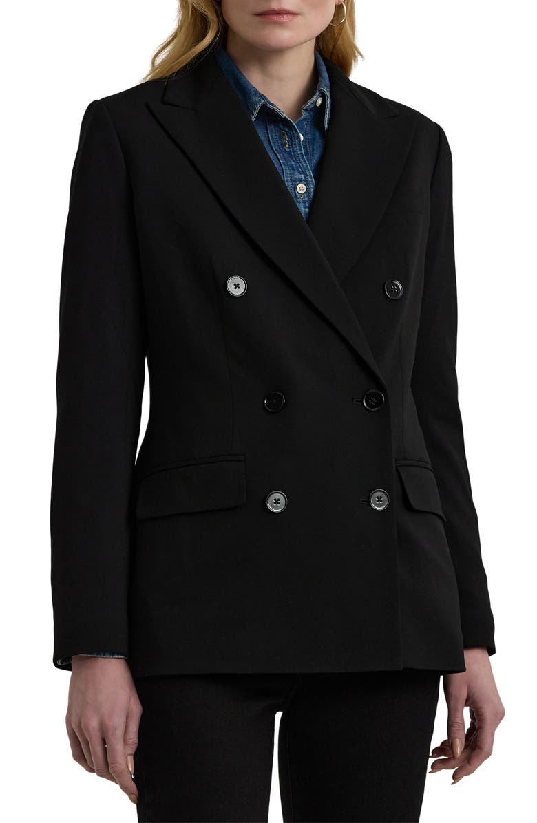 Lauren Ralph Lauren Double Breasted Stretch Wool Crepe Blazer, Main, color, Polo Black