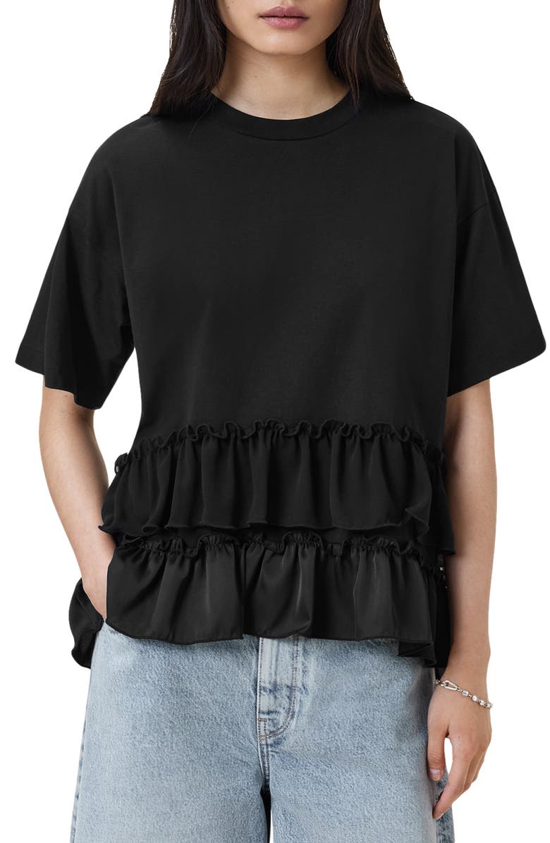 AllSaints Feyre Ruffle Tiered Cotton T-Shirt, Main, color, Black