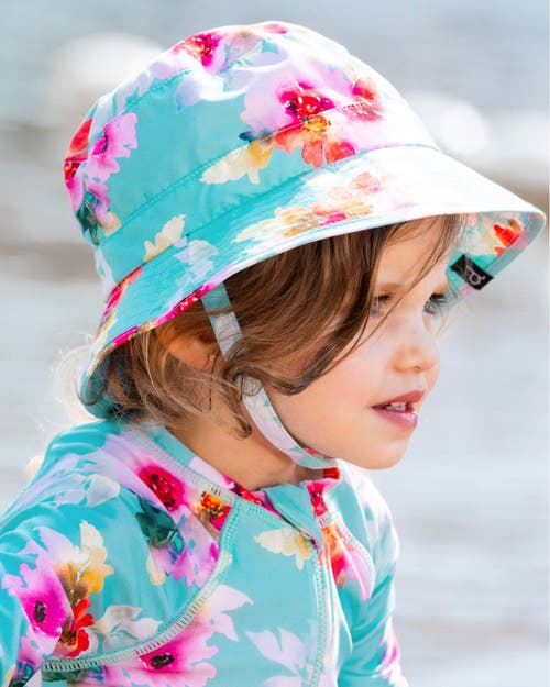 Deux Par Deux Baby Girl's Printed Beach Sun Hat Turquoise And Pink Flowers In Turquoise And Pink Flowers