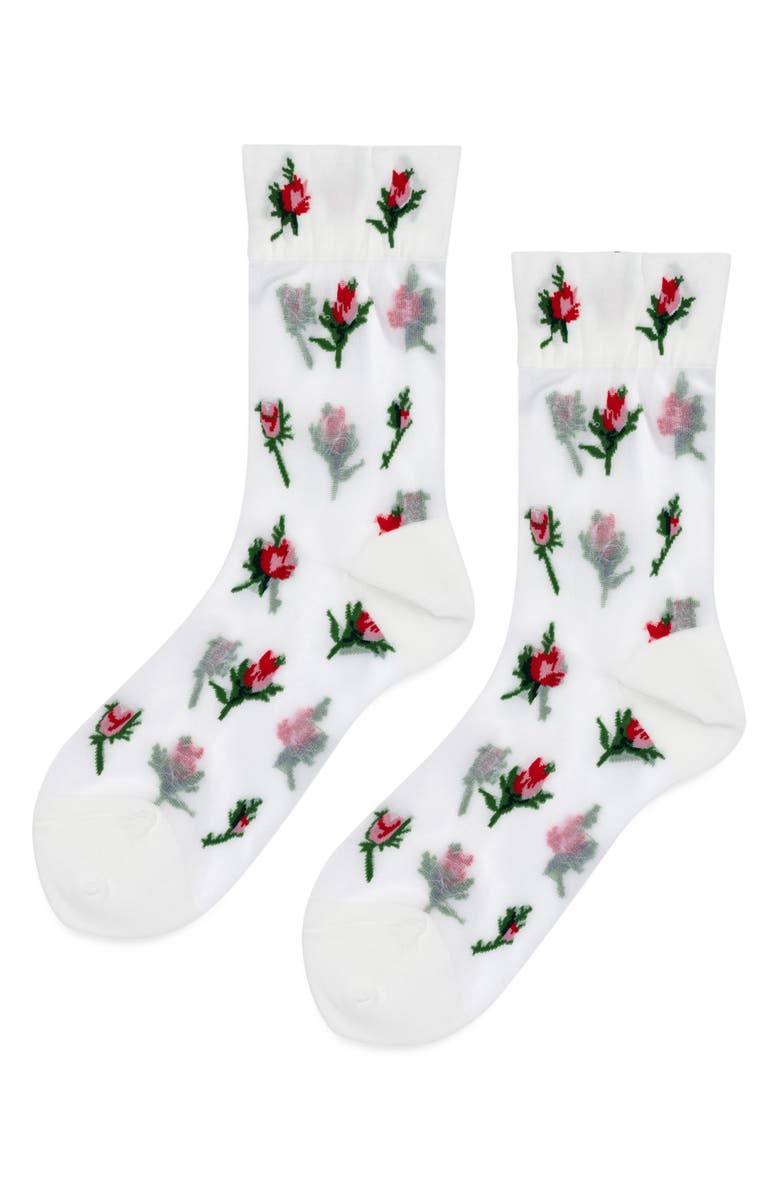 Hansel From Basel Rosebud Sheer Crew Socks, Main, color, White