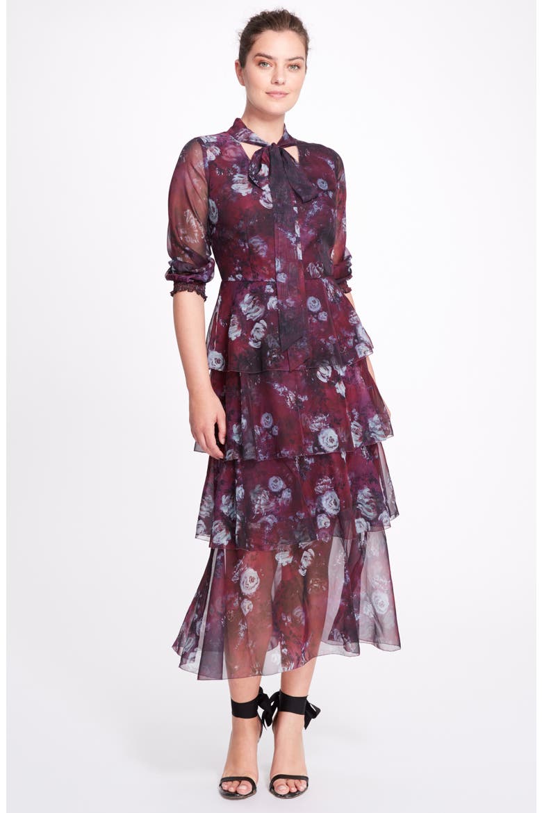 Floral Tiered Chiffon Midi Dress, Alternate, color, BURGUNDY