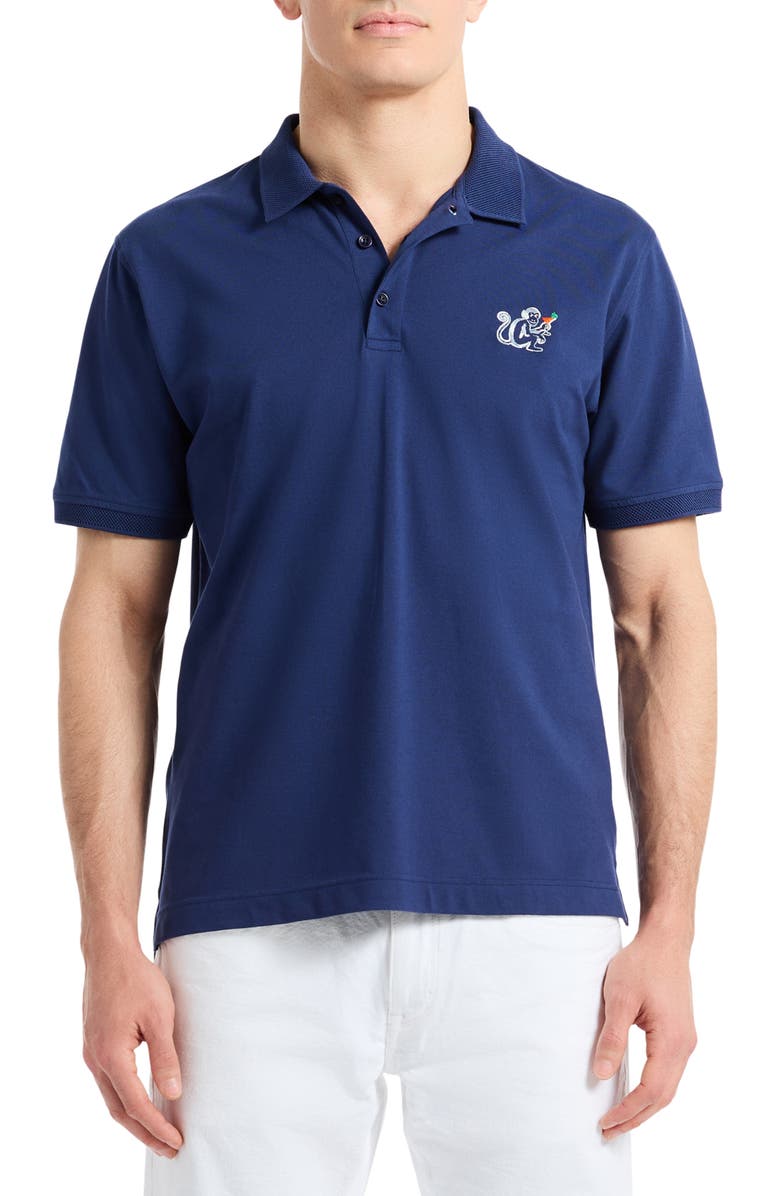 Robert Graham Monkey Business Embroidered Cotton Piqué Polo, Main, color, Navy