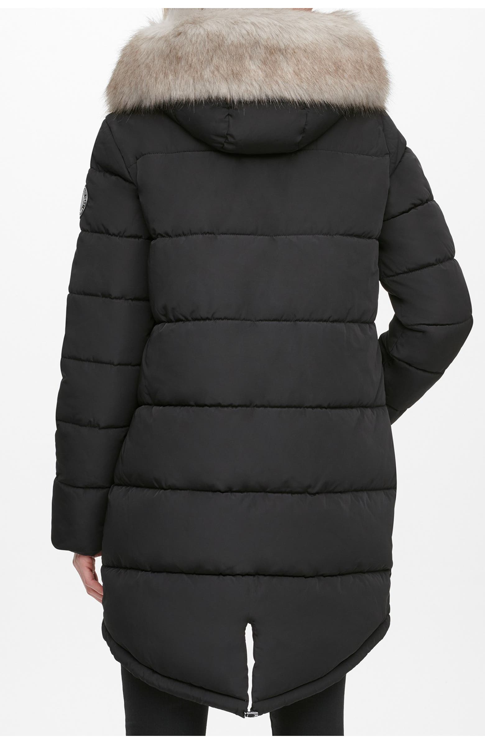 DKNY Zip Front Puffer with Faux Fur Trim Hood | Nordstromrack
