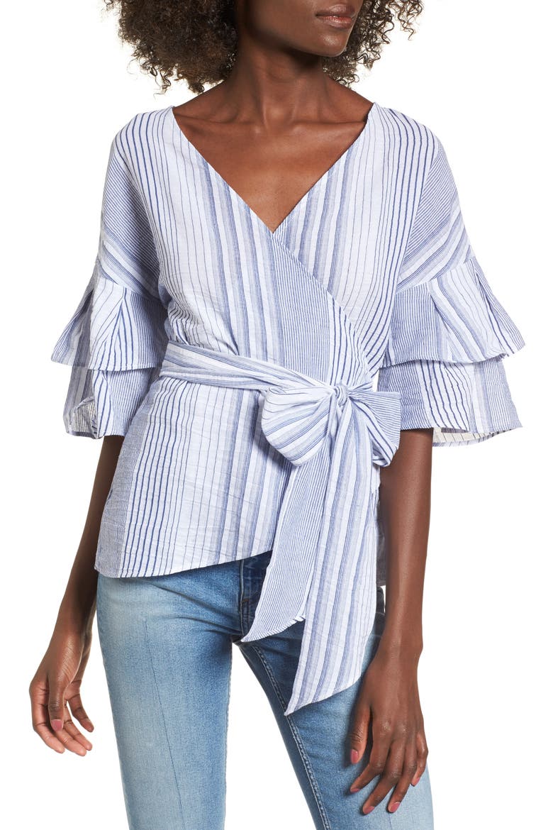 Tier Sleeve Wrap Top, Main, color, NAVY/ WHITE