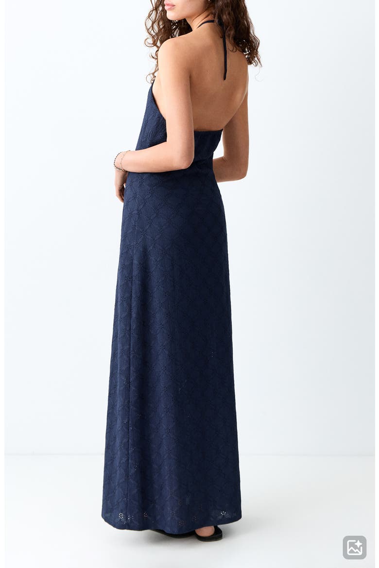 Embroidered Halter Neck Denim Maxi Dress, Alternate, color, NAVY