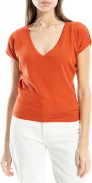 MAX STUDIO Side Ruched Short Sleeve V-Neck Sweater