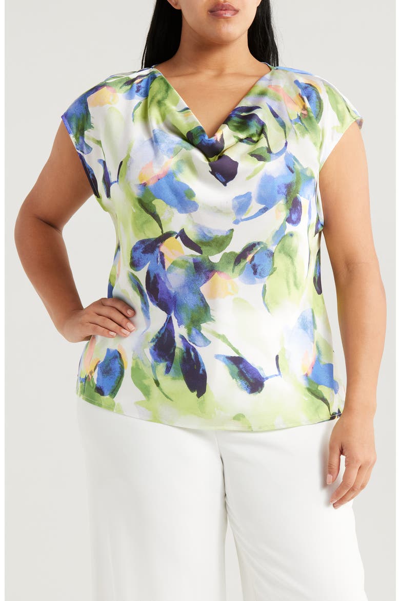 Watercolor Cowl Neck Satin Top, Main, color, FERN WATERCOLOR