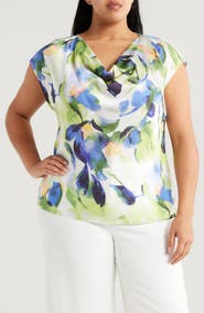 Tahari ASL Watercolor Cowl Neck Satin Top