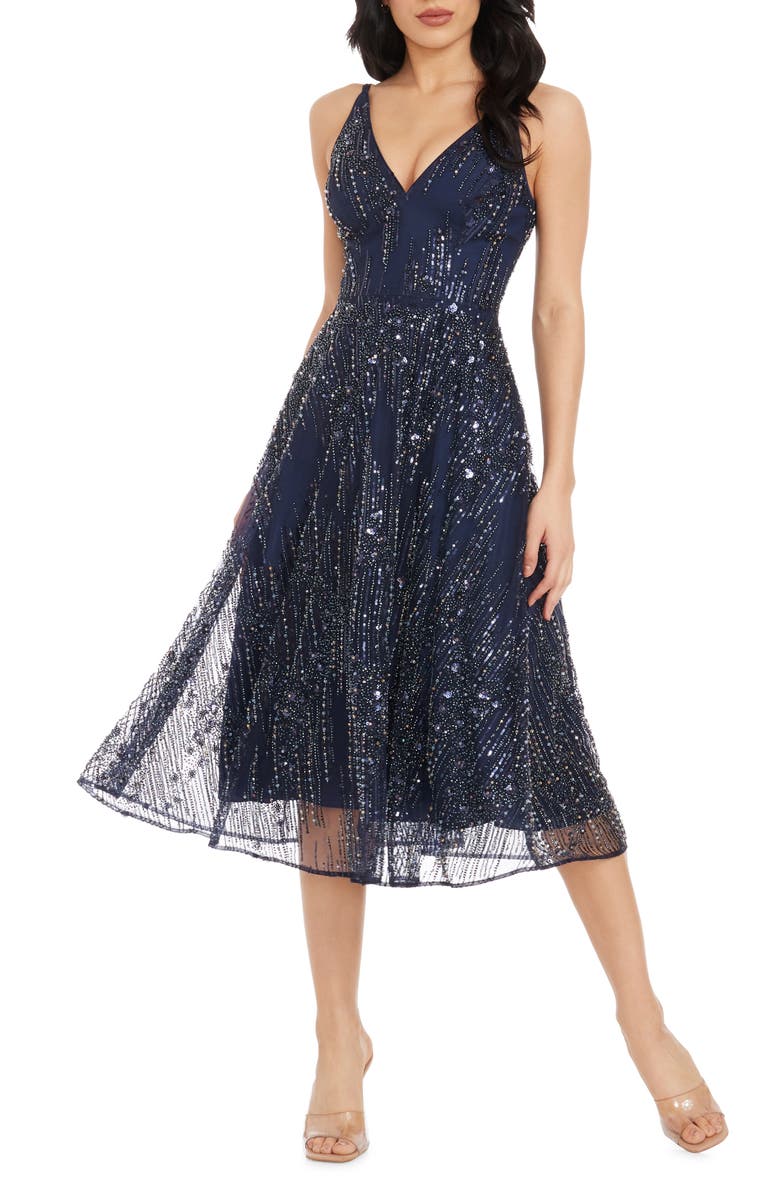 Dress the Population Elisa Fit & Flare Sequin Tulle Cocktail Dress, Main, color,