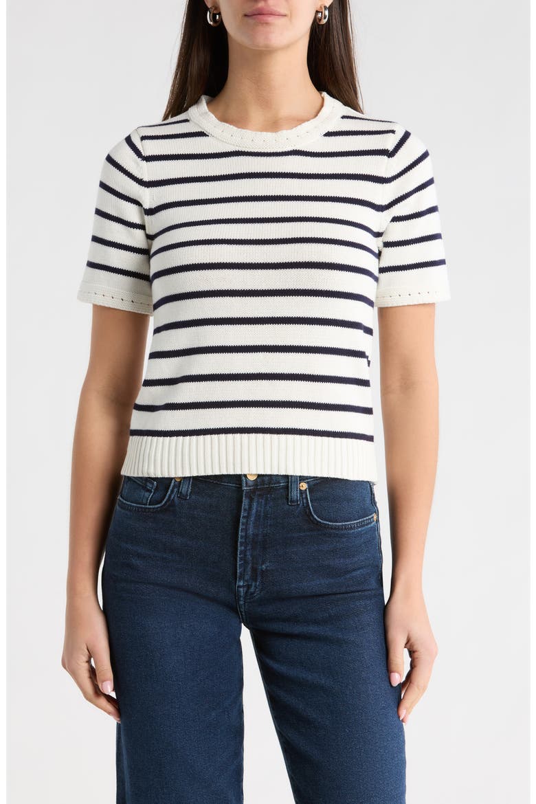 Tessie Stripe Short Sleeve Cotton Sweater, Main, color, WHITE NAVY