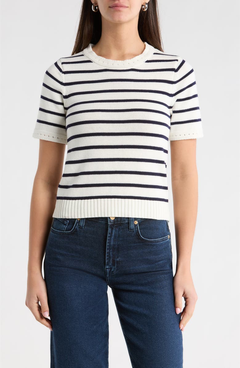 SUGARLIPS Tessie Stripe Short Sleeve Cotton Sweater, Main, color, White Navy