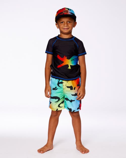 DEUX PAR DEUX DEUX PAR DEUX LITTLE BOY'S SHORT SLEEVE RASHGUARD BLACK AND MULTICOLORED CROCODILES 
