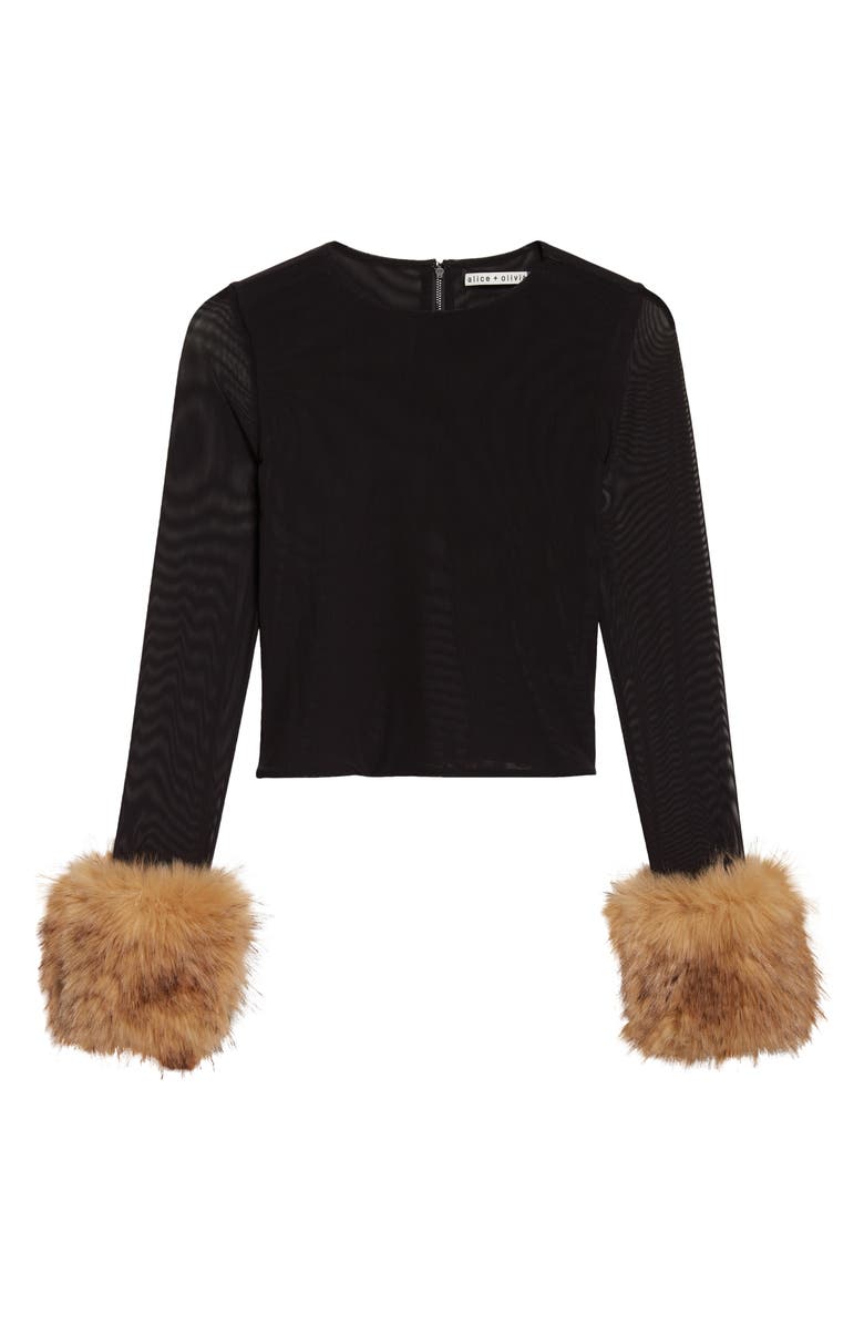 Alice + Olivia Delaina Faux Fur Cuff Mesh Crop Top, Alternate, color, Black