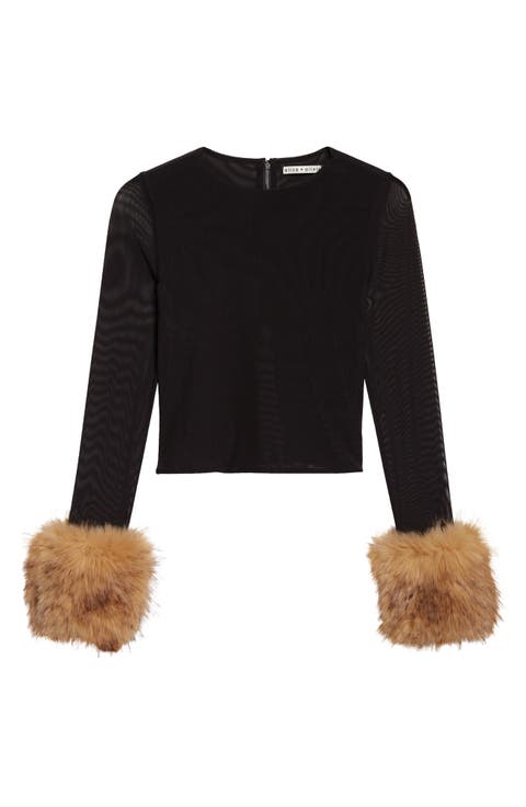 Delaina Faux Fur Cuff Mesh Crop Top
