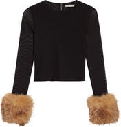 Alice + Olivia Delaina Faux Fur Cuff Mesh Crop Top
