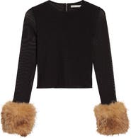 Alice + Olivia Delaina Faux Fur Cuff Mesh Crop Top
