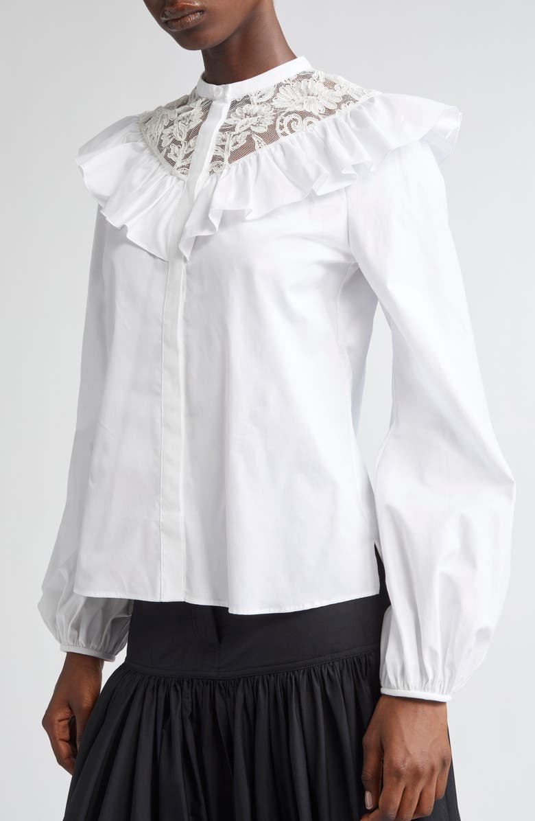 Giambattista Valli Ruffle Lace Yoke Cotton Poplin Top, Alternate, color, Optical White