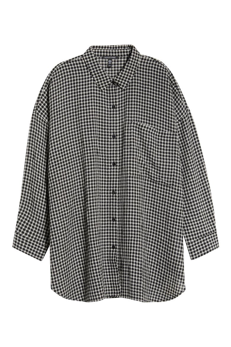Check Wool & Organic Cotton Long Shirt, Alternate, color, BLACK