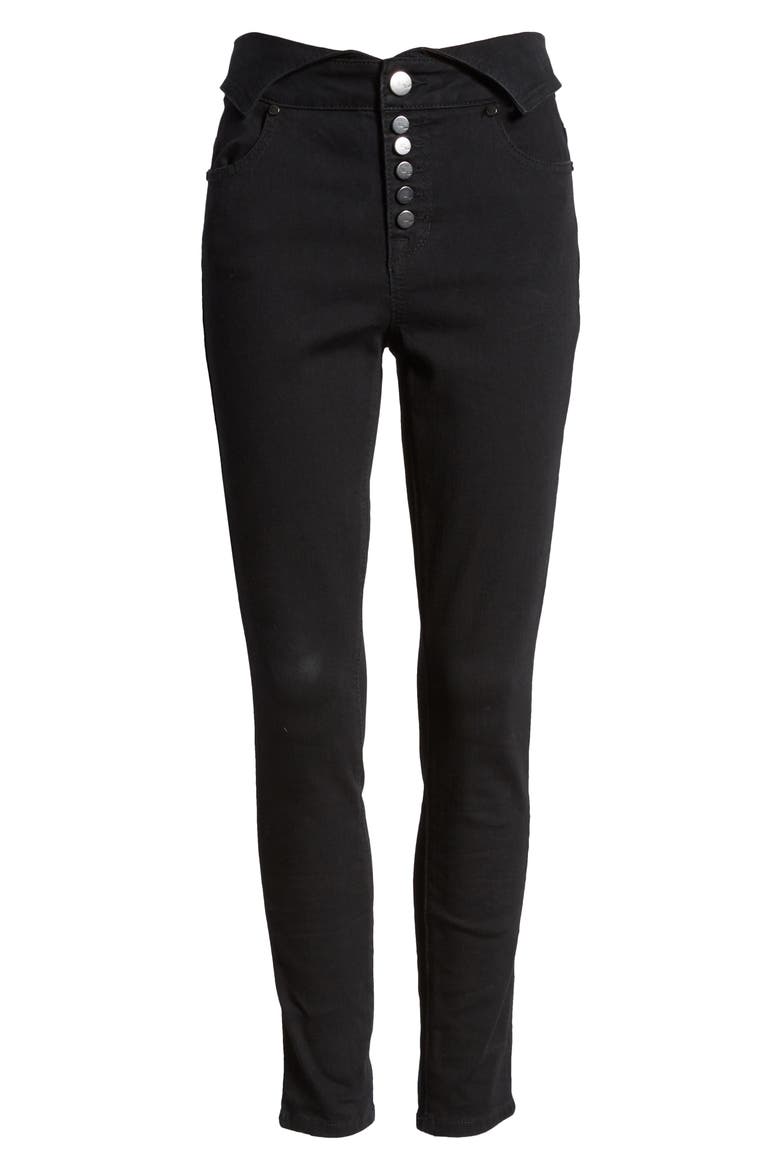 Fold Over Waist Ankle Skinny Jeans, Alternate, color, BLACK