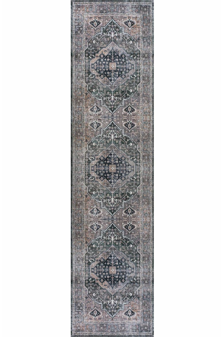 Alacati Ogee Medallion Machine-Washable Area Rug, Main, color, Dark Green/Dark Beige