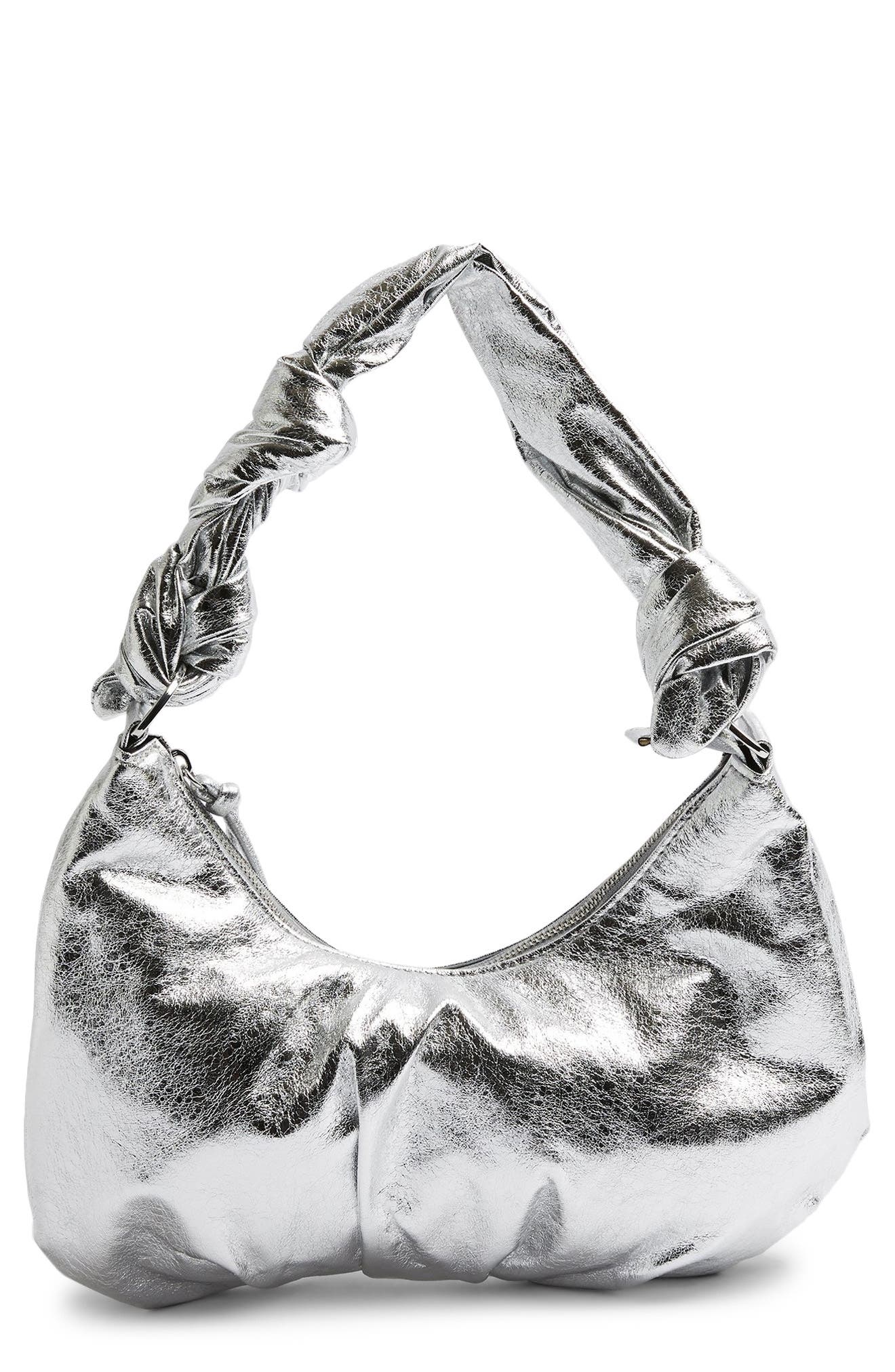 Knotted Half Moon Faux Leather Shoulder Bag, Main, color, SILVER