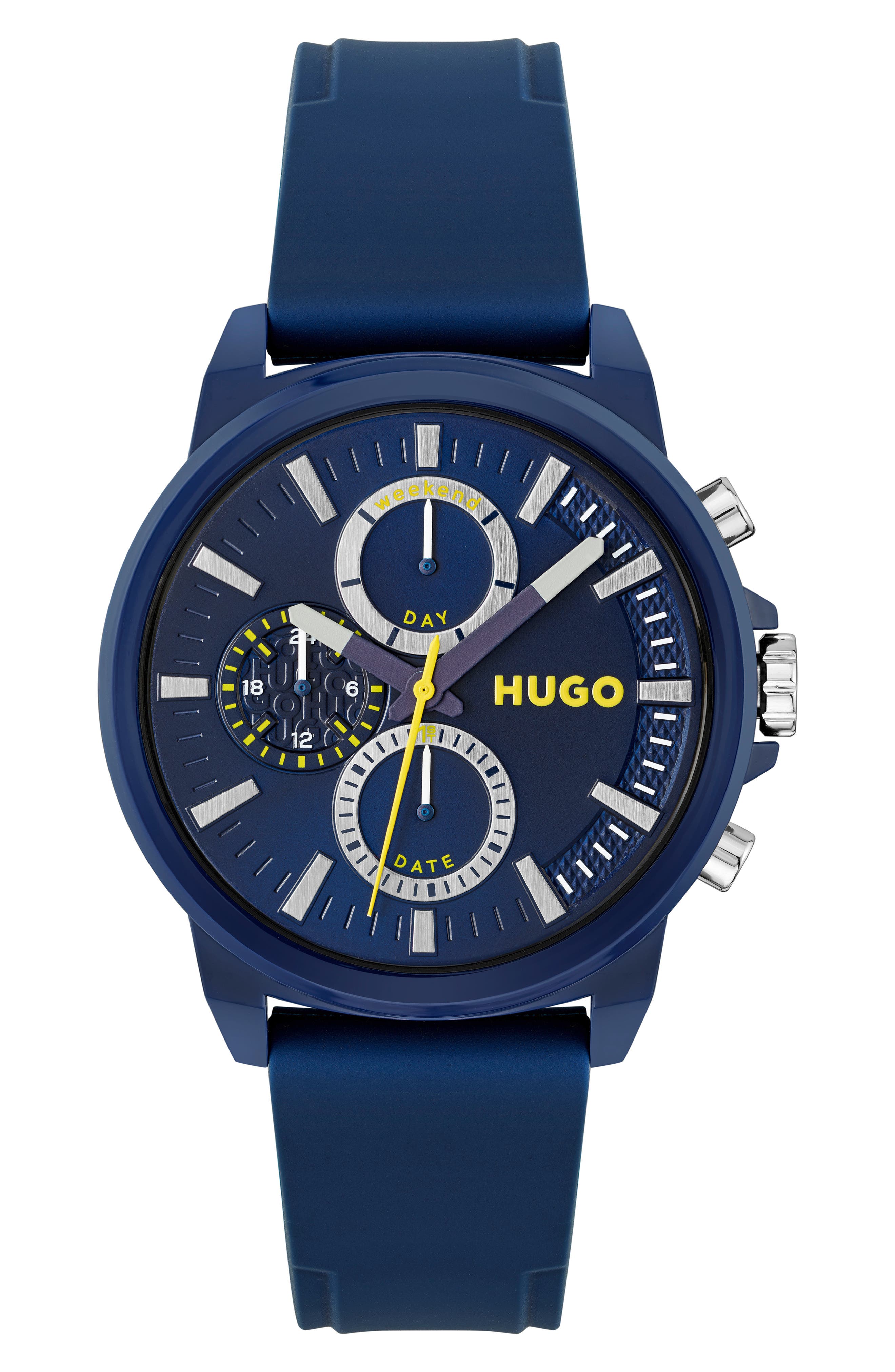 HUGO Relax Chronograph Silicone Strap Watch, 44.5mm x 11.4mm in Blue 