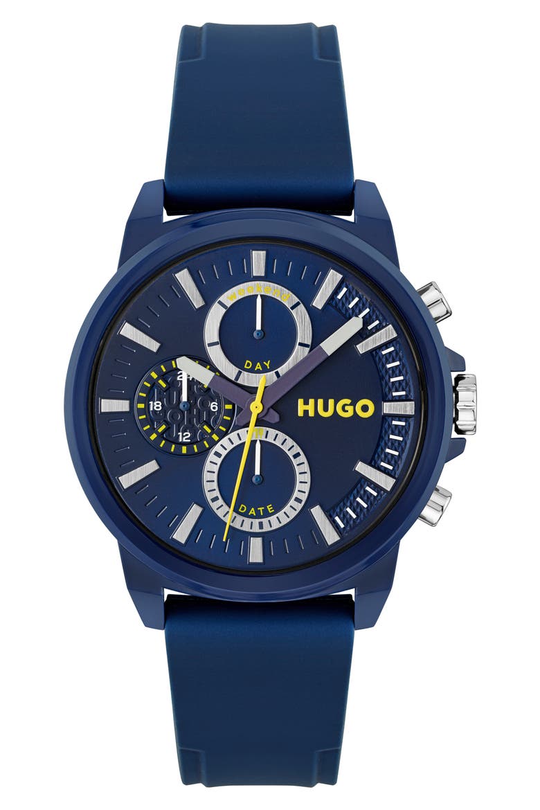 Relax Chronograph Silicone Strap Watch, 44.5mm x 11.4mm, Main, color, BLUE