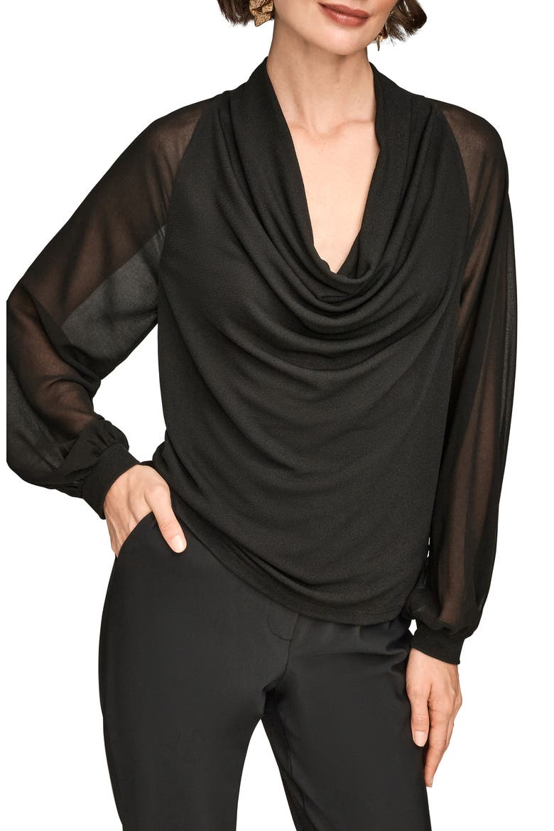 Sheer Sleeve Cowl Neck Top, Alternate, color, BLACK