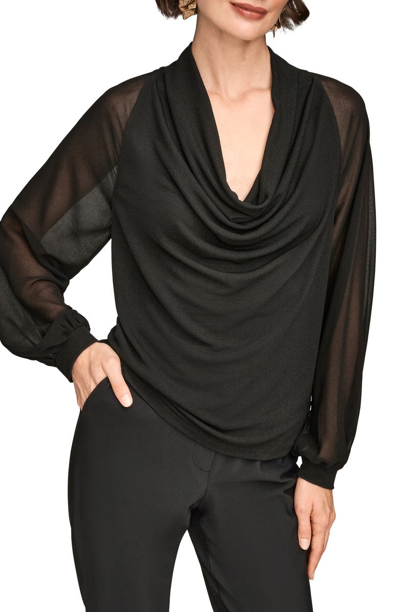 Donna Karan New York Sheer Sleeve Cowl Neck Top, Alternate, color, Black