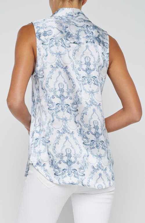 L Agence Emmy Sleeveless Silk Blouse In Vintage White Blue Scroll Canvas