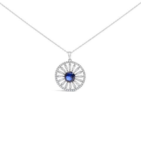 Sterling Silver Lab Grown Sapphire and 1.0 Cttw Baguette Diamond Medallion Pendant Necklace