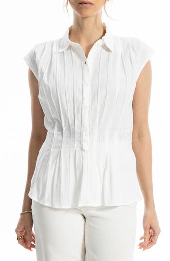 Max Studio Pintuck Cap Sleeve Cotton Peplum Top