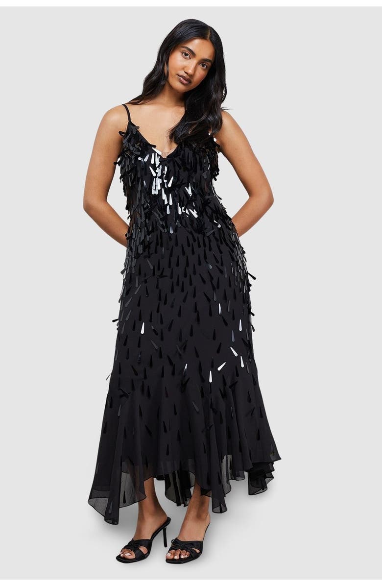 Warehouse Premium Teardrop Embellished Midi Dress, Main, color, Black