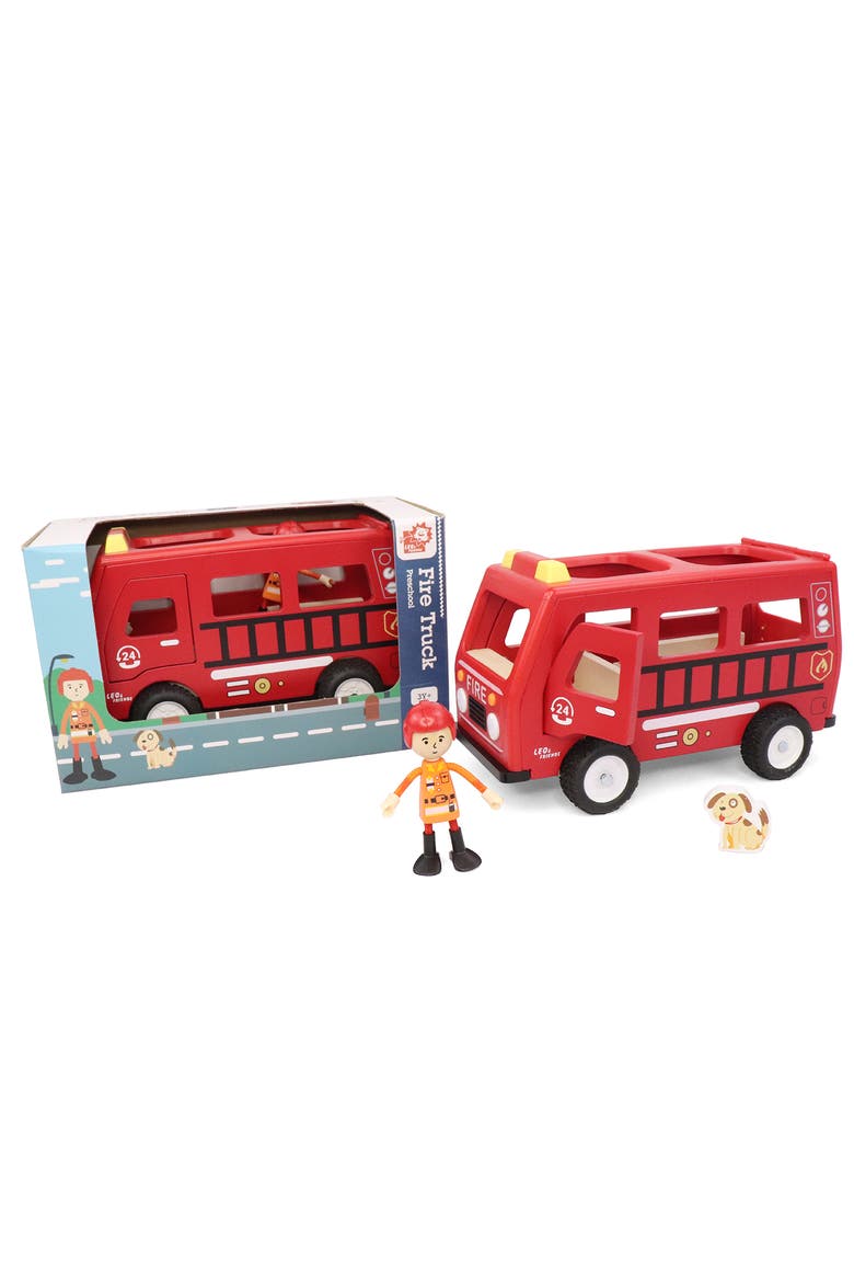Fire Truck Play Set, 3-Piece Wooden Play Kit with Fire Truck, Firefighter, and Dog Included, Main, color, Red