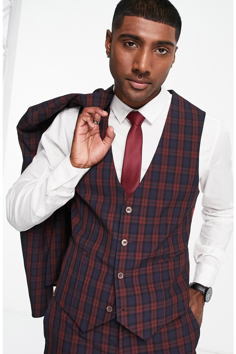 Plaid Super Skinny Waistcoat, Alternate, color, BURGUNDY