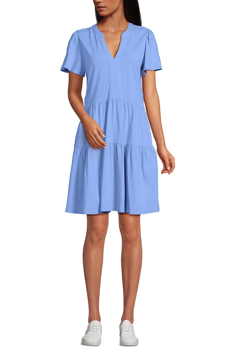 Lands' End Cotton Jersey Tiered Mini Dress, Main, color, Clear Blue Sky