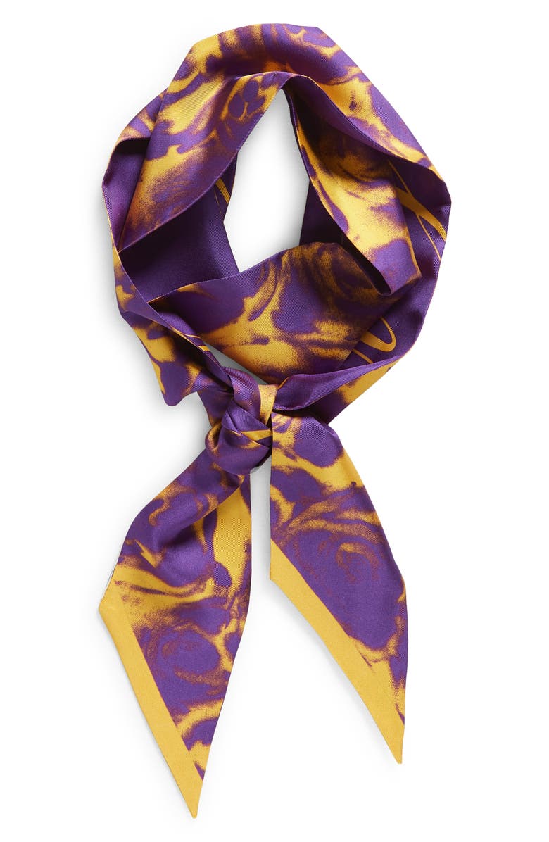 Burberry Rose Print Silk Twilly Scarf, Alternate, color, Royal