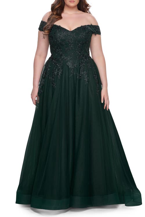 La Femme Off The Shoulder Tulle Plus Size Gown With Lace In Dark Emerald
