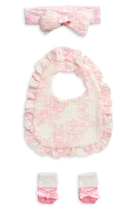 Rose Toile Ruffled Bib, Matching Headband & Socks Set