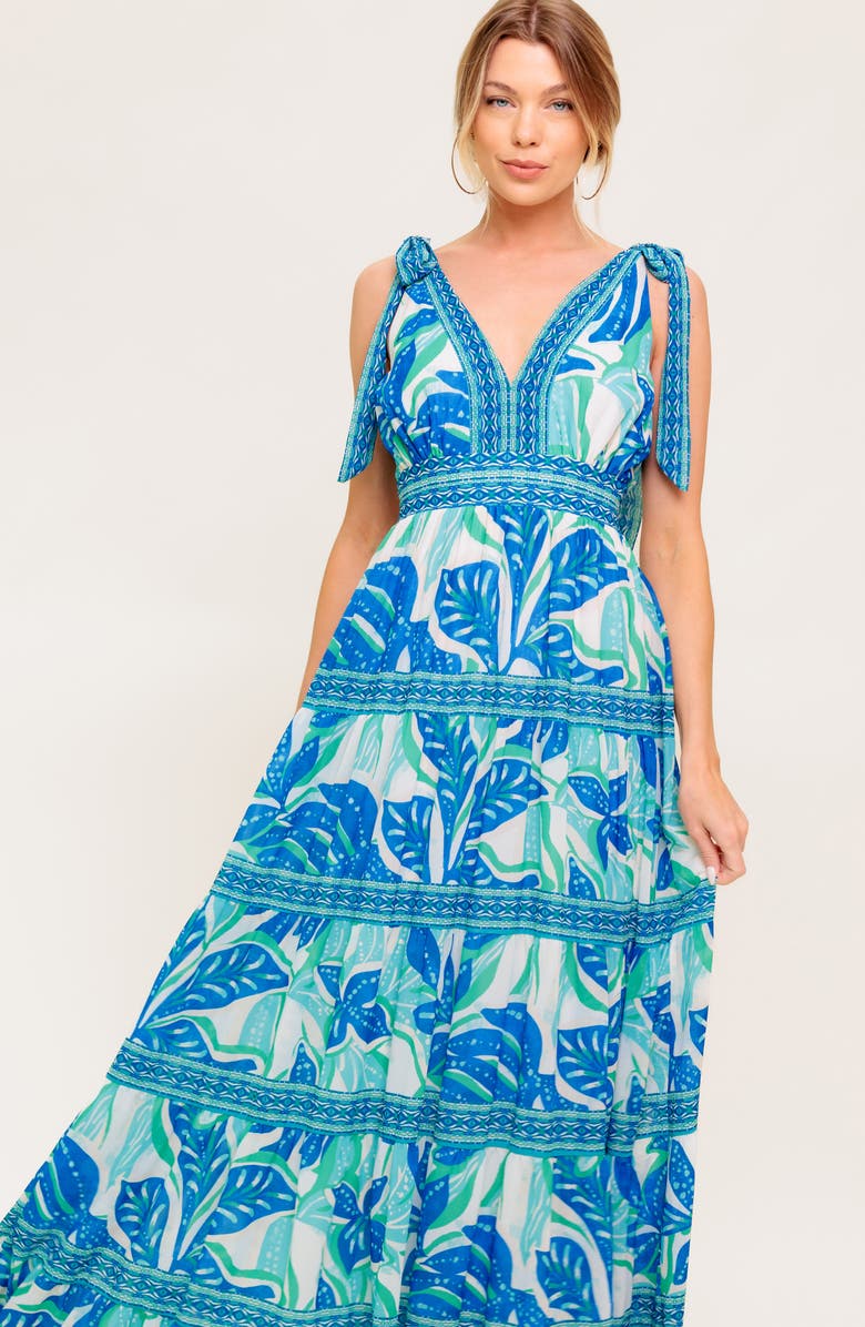 FLYING TOMATO Floral Tie Shoulder Maxi Dress, Alternate, color, Ivory/ Blue Multi