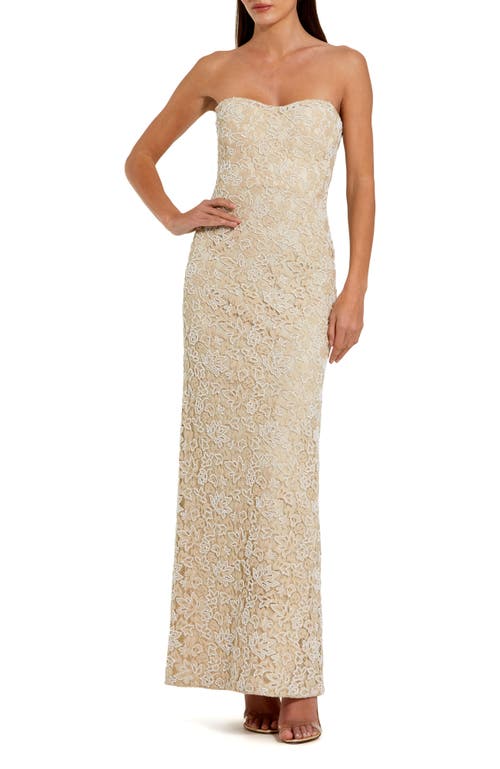 Mac Duggal Strapless Beaded Lace Column Gown With Sweetheart Neckline In Beige