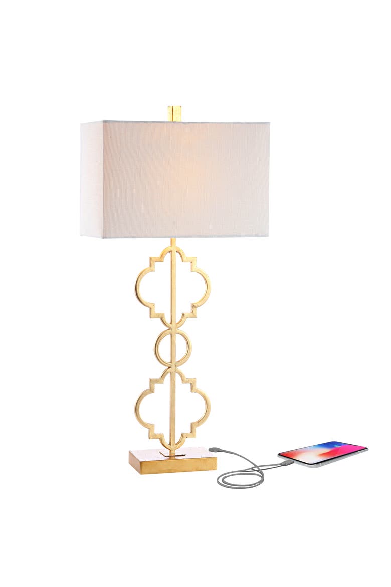 Selina Iron Ogee Trellis Modern LED USB Table Lamp, Main, color, Gold Leaf
