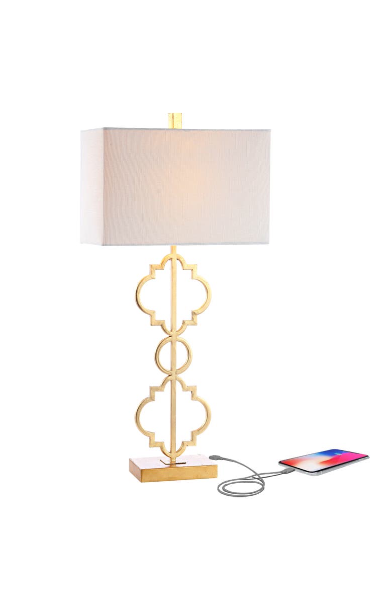 JONATHAN Y Selina Iron Ogee Trellis Modern LED USB Table Lamp, Main, color, Gold Leaf