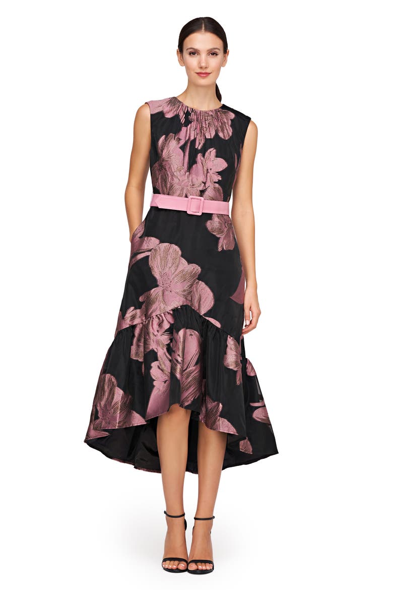 Beatrix Belted Floral High-Low Cocktail Dress, Alternate, color, BLACK/ PRIMROSE